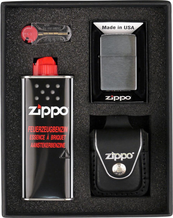 Original ZIPPO Benzinfeuerzeug im Set mit ZIPPO Ledertasche schwarz, inkl. Benzin + Feuersteinen