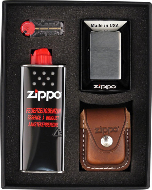 Original ZIPPO Benzinfeuerzeug im Set mit ZIPPO Ledertasche braun/Clip inkl. Benzin + Feuersteinen